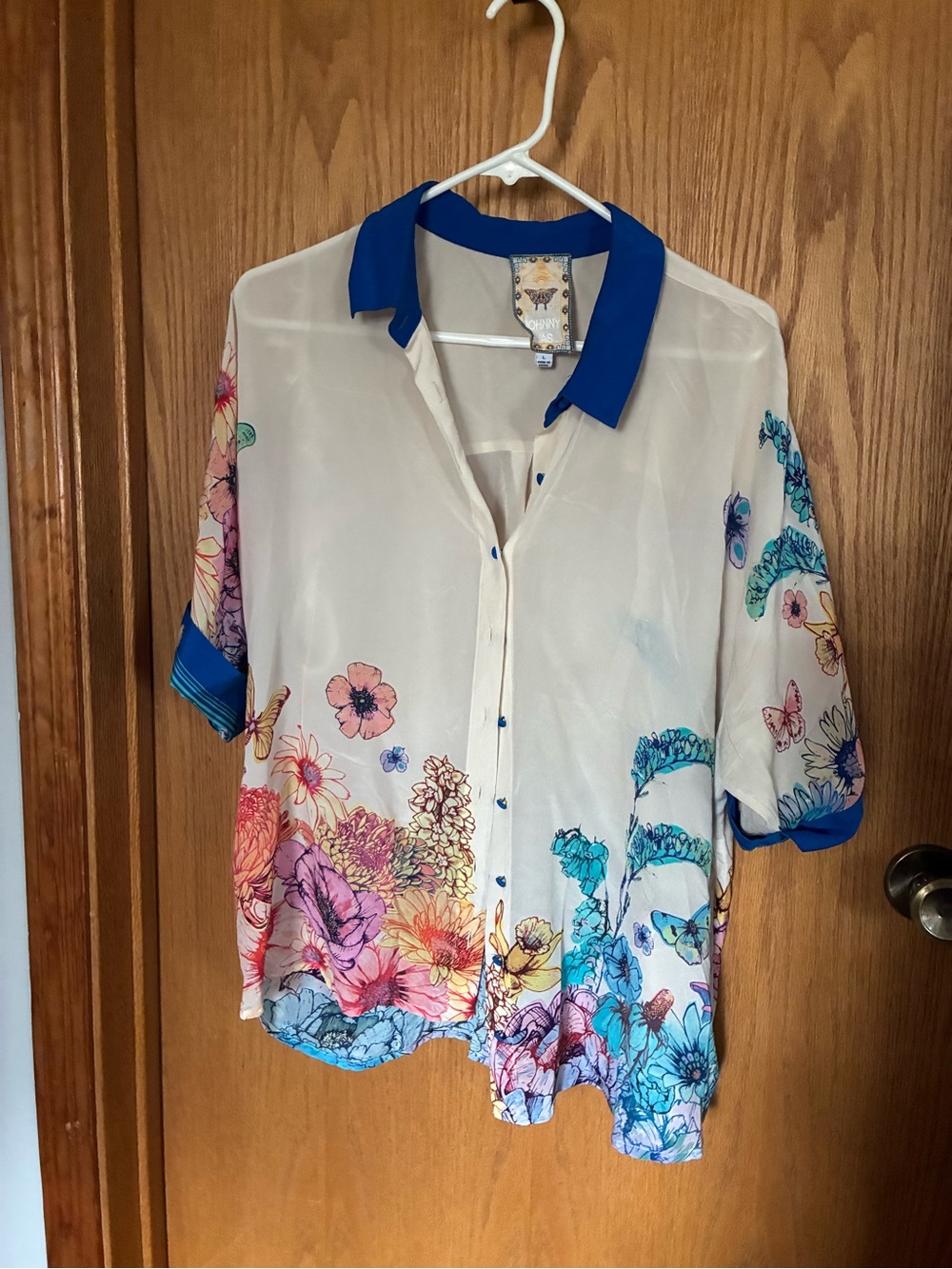 Johnny Was Floral Button-Down Blouse with Royal Blue Collar